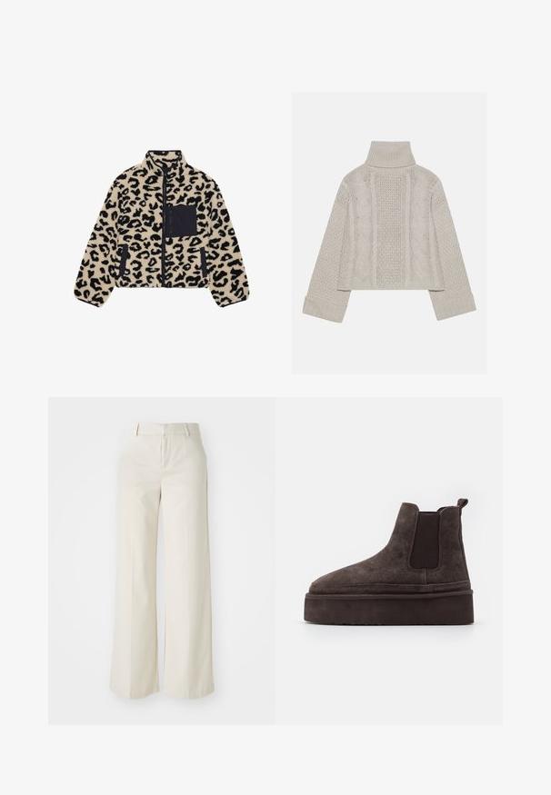 Beige un melnā leoparda raksta polartekts. Aprīkots ar rāvējslēdzēju, augstu apkakli un melnu krūšu kabatu. Mīksta tekstūra, ikdienišķs dizains.; Izgriezts, gaiši pelēks adīts džemperis ar augstu apkakli un ribotiem piedurknēm, ar fakturētām virknēm gar muguru un sāniem.; Platas kājās bikses gaisā bežā krāsā, izgatavotas no gludas auduma. Iezīmē klasisku jostasvietu un plakanu priekšpusi ar tīrām līnijām.; Brūni zamša Chelsea zābaki ar elastīgiem sānu paneļiem un biezas, teksturētas platformas zoli. Iespējams, ir vilkšanas cilpa uz papēža, kas atvieglo uzvilkšanu.