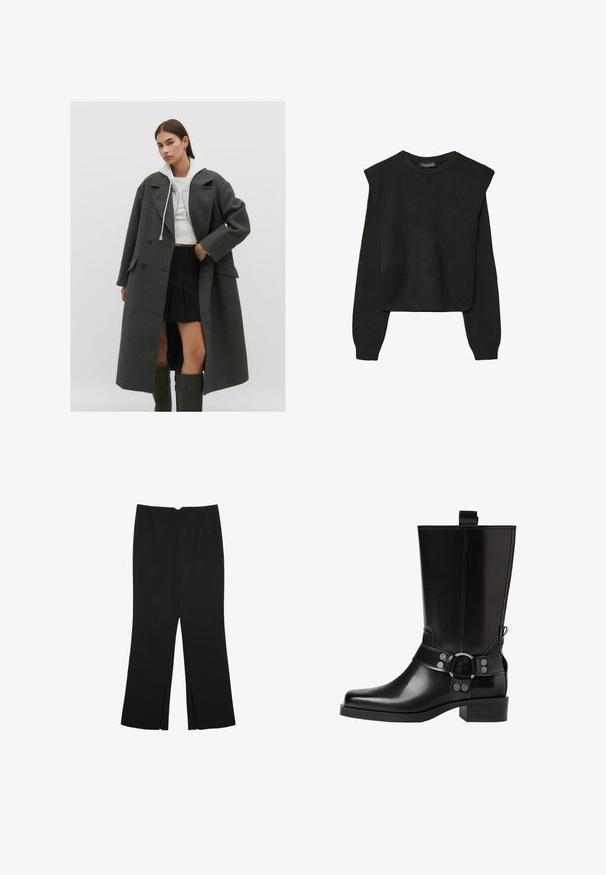Sivi vuneni kaput s dvostrukim kopčanjem, velikim reverima i bočnim džepovima, uparen s krojenom bijelom duksericom i crnom plisiranom suknjom.; Crna pletena dugoslojna majica sa podloženim ramenima i rebrastim manžetama i rubom, prikazana na bijeloj pozadini.; Crne hlače ravnog kroja, s prednjim džepovima i bočnim prorezima na rubu. Izrađene od mekog i glatkog materijala. Pogodne za razne prigode.; Crne kožne čizmice do koljena s šiljastim prstima, sličnim srebrnim kopčama i debelim potplatima. Imaju rupicu za lakše oblačenje.