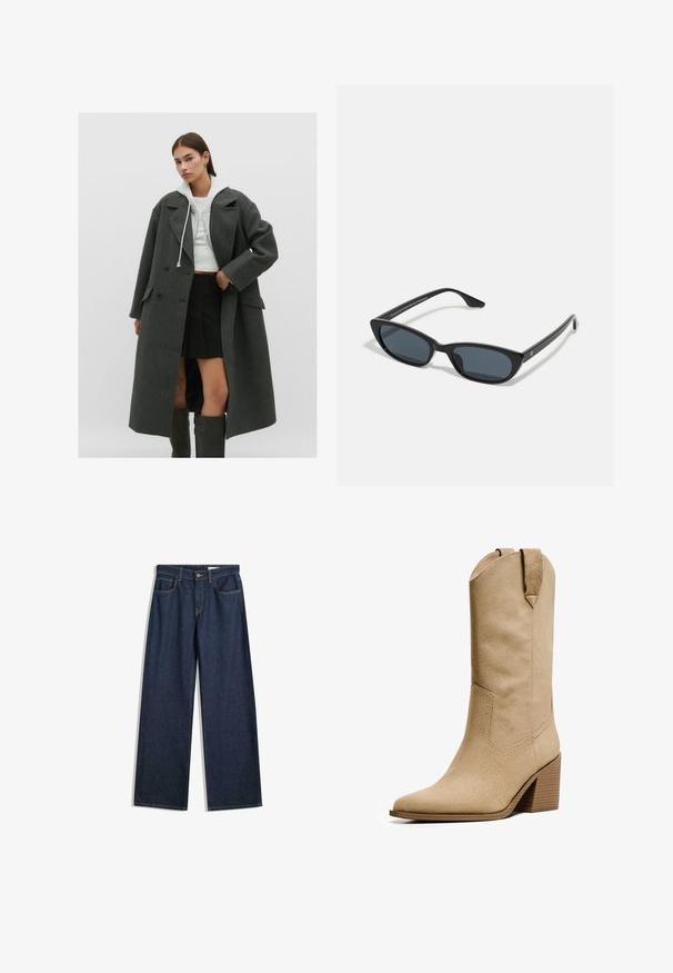 Harmaa villakangasviitta, jossa on tupla-etsikko-suunnittelu, suuret kaulukset ja sivutaskut, yhdistettynä lyhyeen valkoiseen huppariin ja mustaan laskostettuun hameeseen.; PULL&BEAR Toppi - white; Laivahousut tummasta denimestä viidellä taskulla, näkyvällä ompeleella ja nappisuljennalla. Ominaisuuksiin kuuluu suora istuvuus ja kevyt kulutus.; Bershka HIGH-HEEL - Biker-/cowboysaappaat - beige; Musta kissakatse aurinkolasit tummilla linsseillä, muovikehys, kapeat temppelit ja hienovarainen brändäys sisäisessä varressa. Mattapintainen rakenne.; Ruskea nubukkaolkalaukku, jossa on kaareva kahva, pehmeä pinta ja ylävetoketjusuljenta. Ei näkyviä metalliosia tai kuvioita.
