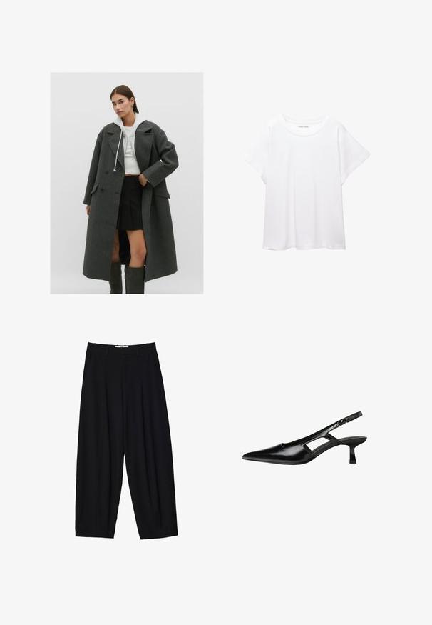 Šedý vlněný kabát s dvojitým zapínáním, velkými klopami a bočními kapsami, v kombinaci s krátkým bílým hoodiem a černou plisovanou sukní.; Bílý tričko vyrobené z měkké, lehké tkaniny. Má kulatý výstřih a krátké, široké rukávy s uvolněným střihem. Bez viditelných vzorů.; Černé široké kalhoty vyrobené z lehké tkaniny, s předními sklady, klasickým pasem a bočními kapsami. Hladký povrch.; Černé lakované lodičky na podpatku se špičatou špičkou, výřezovým designem na boku a malým čtvercovým podpatkem. Hladká textura s minimálními akcenty.