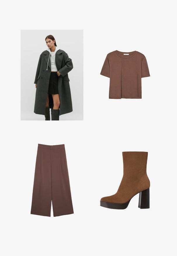 Cappotto grigio in lana con un design doppiopetto, ampi revers e tasche laterali, abbinato a una felpa bianca corta e una gonna plissettata nera.; Maglietta a maniche corte marrone realizzata in tessuto morbido, con scollatura rotonda e vestibilità rilassata. Nessun motivo o dettaglio visibile.; Pantaloni ampi marroni con una texture liscia, caratterizzati da una vita alta e pieghe frontali. Il tessuto è leggero e scorre liberamente.; Stivale alla caviglia in suede marrone con punta arrotondata, tacco spesso a strisce nere e superficie liscia. Caratterizzato da un design aderente senza hardware visibile.