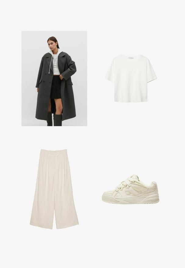 Grå ullrock med dubbelknäppt design, stora slag och sidofickor, tillsammans med en kort vit huvtröja och en svart plisserad kjol.; Vit t-shirt med kort ärm i bomull. Har en rundad halsringning och en avslappnad passform. Slät textur utan synliga mönster eller detaljer.; Linnenbyxor med vida ben i en ljusbeige färg, med en plisserad design och ett elastiskt midjeband för komfort och enkel användning.; Beiga sneakers med en strukturerad ovandel, framträdande snören, nätpaneler och en tjock sula. Snygg design med en vadderad krage för komfort.