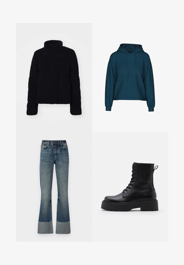 Juodas pūkinis švarkas su aukštu apykakle, ilgomis rankovėmis ir kvadratine siluetu. Minkšta tekstūra ir nematomi užsegimai.; Melsvos spalvos puloveris su kapuciomis, ilgomis rankovėmis ir raukšlėtomis rankogaliais. Pagamintas iš minkštos medžiagos su laisvu siluetu.; Tamsaus mėlynumo džinsiniai platėjančių kojų džinsai su aukštu liemeniu, penkiais mygtukais ir nusidėvėjusia apdaila. Apatinėje dalyje turi šviesesnę apyrankę ir nublukusį tekstūrą.; Juodos odinės aulinukės su apvalia nosimi, raišteliais priekyje ir storesniu guminio pado apačioje su tekstūruotu raštu. Priekyje yra kilputė.