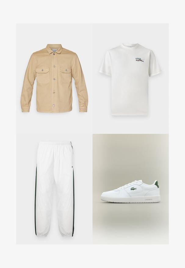 Μπεζ τζάκετ από τζιν με κουμπιά μπροστά, δύο τσέπες στο στήθος και κλασικό γιακά. Διαθέτει ραμμένα λεπτομερή σημεία και ασημένια κουμπιά.; Λευκό βαμβακερό T-shirt με στρογγυλή λαιμόκοψη, κοντά μανίκια και ένα μικρό κεντημένο λογότυπο που απεικονίζει βουνά και κείμενο στην αριστερή πλευρά του στήθους.; Λευκό παντελόνι φόρμας με σκούρα πράσινα πλαϊνά πάνελ. Ελαφρύ υλικό, ελαστική μέση και μανσέτες στο κάτω μέρος. Διαθέτει διχτυωτή υφή στα πλαϊνά πάνελ.; Λευκό δερμάτινο sneaker με λεία επιφάνεια, πράσινες λεπτομέρειες στη φτέρνα και πράσινο λογότυπο στο πλάι. Διαθέτει επίπεδο σόλο και στρογγυλή μύτη.