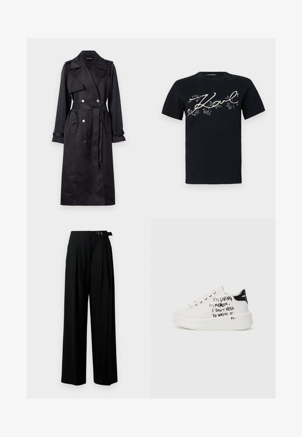 Črn plašč iz gladkega blaga, ki ima dvoredno zapenjanje s srebrnimi gumbi, pas s pasom in široke reverje.; Črna bombažna majica s kratkimi rokavi, ki ima natisnjen bel dizajn podpisa "Karl" s cvetličnimi akcenti. Standarden okrogli ovratnik.; Črne široke hlače z visokim pasom, gubami spredaj in pasom z zaponko. Narejene so iz gladkega, lahkega materiala.; Bela platforma športna obutev z črnimi detajli, ki ima teksturiran podplat in ročno napisano besedilo ob straneh. Gladek usnjeni material.