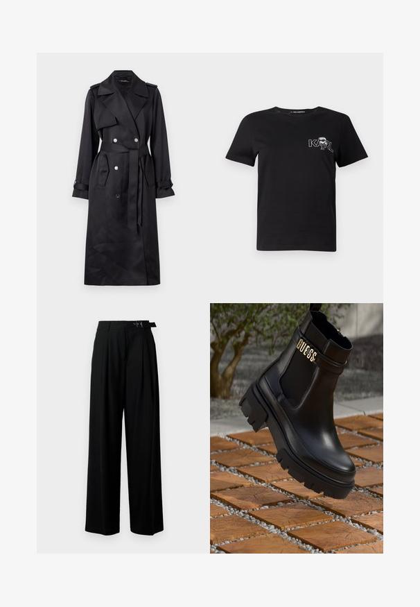 Palton negru, confecționat dintr-un material fin, cu un front dublu-botonat și nasturi argintii, talie accentuată printr-un cureaua lată și rever larg.; Tricou scurt cu mânecă neagră, din bumbac. Prezintă o grafică albă cu textul "KARL" și o figură stilizată pe piept. Guler rotund.; Pantaloni negri cu croi larg, talie înaltă, pliuri în față și un b μέρος cu cataramă. Confecționați dintr-un material neted și ușor.; Botine negre din piele, cu o talpă groasă din cauciuc, panouri laterale elastice și un accent auriu cu brandingul "GUESS".