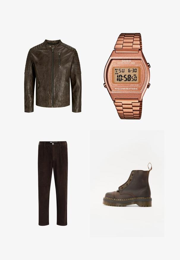 Braune Lederjacke mit Stehkragen, strukturiertem Finish, Reißverschluss vorne und Taschen sowie steppierten Schultern.; Brauner Rollkragenpullover aus weichem Stoff, mit langen Ärmeln, gerippten Bündchen und tailliertem Schnitt ohne sichtbare Muster.; Redefined Rebel JOHN COMFORT FIT - Stoffhose - demitasse; Braune Leder-Ankleboots mit runder Spitze, kontrastierenden gelben Nähten, dekorativen Metallösen und rutschfester Gummisohle.; Digitaluhr von Casio mit einem roségoldenen Metallarmband, rechteckigem Gehäuse, beleuchtetem Display und Wasserfestigkeit, zeigt Uhrzeit und Datum an.