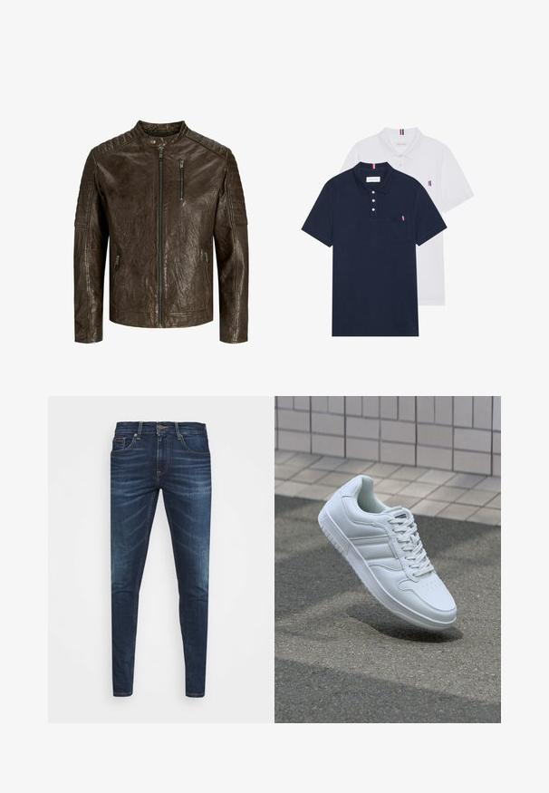 Braune Lederjacke mit Stehkragen, strukturiertem Finish, Reißverschluss vorne und Taschen sowie steppierten Schultern.; Zwei Poloshirts: eines in marineblau und eines in Weiß, beide mit einem kleinen rot, weiß und blauen Akzent auf der Brusttasche und dem Kragen.; Dunkelblaue Jeans im Slim Fit mit subtiler Verwaschung, fünf Taschen und einem Metallknopfverschluss. Genähte Akzente in kontrastierender Farbe.; Weiße sportliche Sneaker mit Obermaterial aus glattem Leder, Schnürfront, durchlöchtem Zehenbereich und gemusterter Sohle. Minimalistisches Design mit drei Seitenstreifen.
