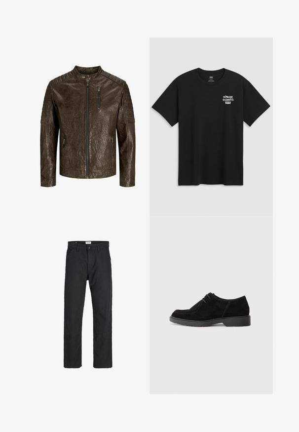 Pruun nahkjakk, millel on püstitatav kaelus, tekstuuriga viimistlus, tõmblukuga esikülg ja taskud, ning tikkimisega õlavarre detailid.; Must musta t-särk, millel on rinnakrüpt, mis ütleb "KESKKOND" valgel stiliseeritud fontidega ja "Levi's" all. Klassikaline ümar kaelus.; Mustad mustad, mis on valmistatud vastupidavast kangast, sirge jala disainiga, õmmeldud detailidega ja kahe eesmise taskuga funktsionaalsuse jaoks.; Mustmust suured kingad ümarate varvastega, kontrastset õmblust ja kummist tallaga. Omab minimaalset paelavarrast ja sujuvat ülemise disaini.