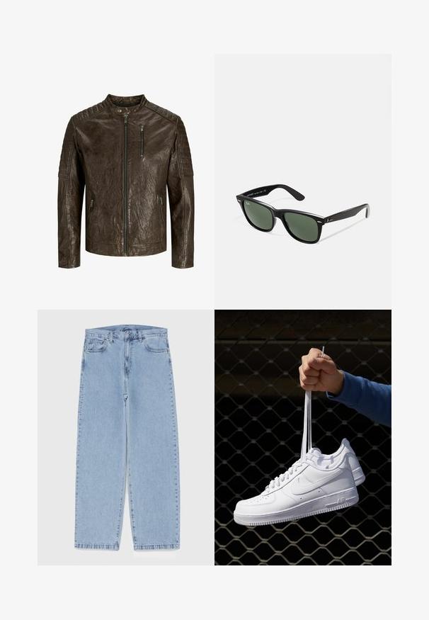 Bruine leren jas met een rechtopstaande kraag, gestructureerde afwerking, ritssluiting aan de voorkant en zakken, en met gevoerde schouderdetails.; Witte katoenen tanktop met een ronde halslijn, brede schouderbanden en een rechte zoom, met een gladde textuur en zonder zichtbare patronen.; Lichtblauwe denim jeans met een recht model, voorzien van een middelhoge taille, vijf zakken en een knoop- en ritssluiting.; Witte leren sneakers met perforaties, ronde neus, vlakke zool en dikke veters, met een zichtbare swoosh-logo en "AIR" op de hiel.; Zwarte plastic zonnebril met groene lenzen, vierkante montuur, zilveren accent op de wenkbrauw en een gestructureerde tempel. Merken vermeld op de binnenkant van de arm.