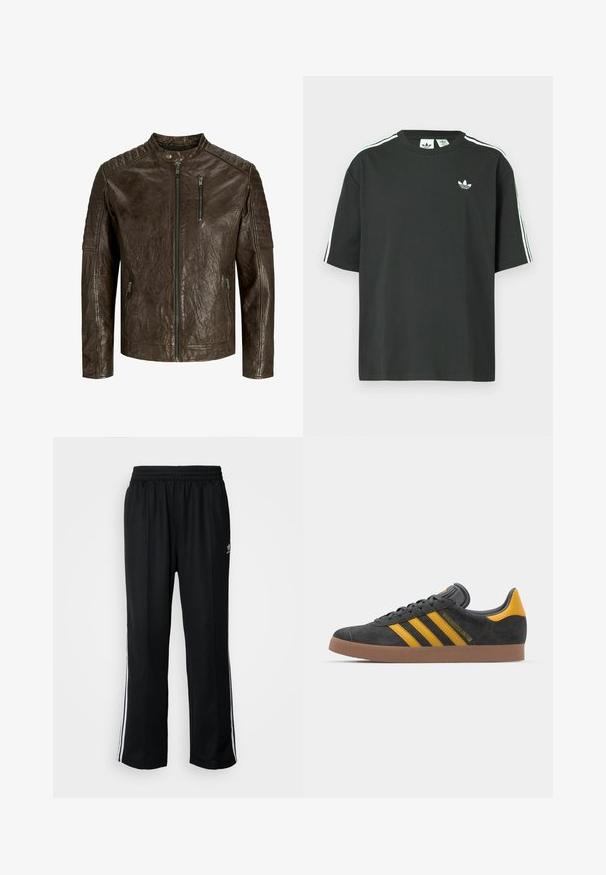 Braune Lederjacke mit Stehkragen, strukturiertem Finish, Reißverschluss vorne und Taschen sowie steppierten Schultern.; Schwarzes Baumwoll-T-Shirt mit kurzen Ärmeln, Rundhalsausschnitt und weißen Dreistreifen-Details auf den Schultern. Verfügt über ein kleines weißes Logo auf der Brust.; Schwarze Sporthosen mit elastischem Bund, ausgestattet mit weißen Seitenstreifen und einem kleinen Logo. Das Material wirkt weich und leicht.; Schwarze Wildledersneaker mit gelben Akzenten, ausgestattet mit drei Streifen und einer braunen Gummisohle. Enthält eine gepolsterte Zunge für zusätzlichen Komfort.