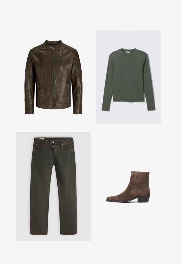 Ruskea nahkatakki, jossa on pystykaulus, teksturoitu pinta, vetoketjullinen etuosaa ja taskuja, sekä tilkkupinta olkapäissä.; Pitkähihainen, ribbineulepusero tummanvihreänä, jossa on pyöreä pääntie ja suora helma. Valmistettu pehmeästä kankaasta, jossa on minimaalinen saumaus ja ei näkyviä kuvioita.; Tummanvihreät farkut, jotka on valmistettu denimistä, suoralinjaisella leikkauksella, viidellä taskulla, kuparinvärisellä varusteistolla ja hienovaraisella pesukuvioinnilla.; Ruske antilopne čizme do gležnja s šiljatim vrhom, niskim blok petama i petnim otvorom za laku obuću. Gladak materijal i jednostavan dizajn.