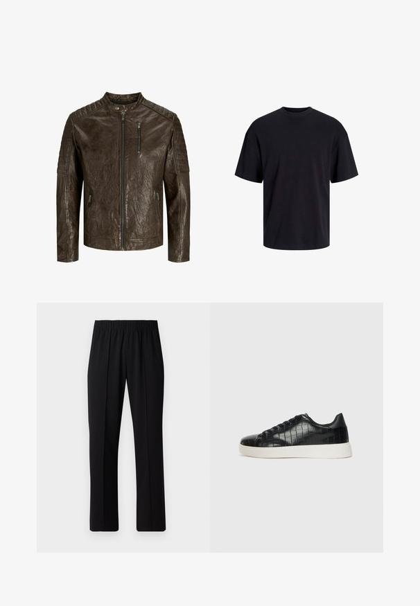 Braune Lederjacke mit Stehkragen, strukturiertem Finish, Reißverschluss vorne und Taschen sowie steppierten Schultern.; Schwarzes Baumwoll-T-Shirt mit Rundhalsausschnitt, kurzen Ärmeln und lässiger Passform. Glatte Oberflächenstruktur und keine sichtbaren Muster oder Akzente.; Schwarze, Gummibund-Hosen mit geradem Schnitt, die eine glatte Textur aufweisen und keine sichtbaren Muster oder Beschläge haben.; Schwarze Sneakers mit einer strukturierten, krokodilPrägung aus Leder, runder Zehenpartie und einer kontrastierenden weißen Gummisohle mit glatter Oberfläche.