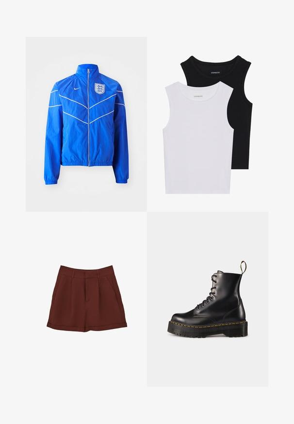 Blaues NYLON-Jacket mit hohem Kragen, Reißverschluss vorne, elastischen Bündchen und Saum; mit weißen Akzenten und einem England-Wappen auf der Brust.; Zwei ärmellose Oberteile in Schwarz und Weiß, aus geripptem Baumwollstoff, mit runden Ausschnitten und einem taillierten Design. Etiketten auf beiden sichtbar.; Burgunderfarbene Shorts aus glattem Stoff, mit klassischem Design, flachem Vorderteil, Seitentaschen und umgeschlagenem Saum.; Schwarze Leder-Schnürstiefel mit knöchelhohem Schaft, einer robusten schwarzen Sohle und gelben Nähten. Verfügt über eine Lasche hinten und runde Metallösen.