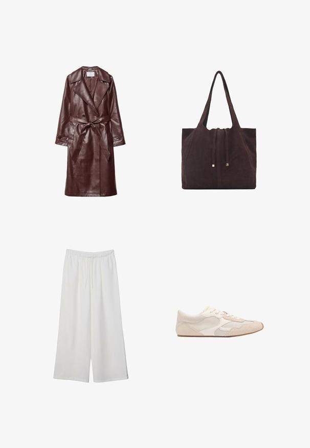 Burgundski plašč iz umetnega usnja s širokimi reverji, dvojno zapenjanje s gumbi, pasom in žepi s poklopcem na beli podlagi.; Rjav pleteni pulover s širokim ovratnikom, pol zadrgo spredaj in spuščeni rameni. Ima rebrasto teksturo in skrajšano dolžino.; Bele široke hlače iz lahkega materiala, ki imajo elastičen pas in vrvico za prilagajanje. Gladka tekstura.; Bežna atletska čevlja, ki združuje mrežaste in semiš materiale, ima okroglo konico in vezalke. Teksturovani detajli na zgornjem delu povečujejo oprijem.; Mango Torba za nakupovanje - dark brown