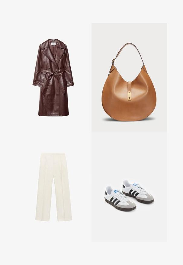 Burgundska trench jakna od umjetne kože sa širokim revereom, dvostrukim gumbima, pojasom u struku i džepovima s preklopom na bijeloj pozadini.; Smeđi pleteni pulover s okruglim izrezom, spuštenim ramenima i rebrastim rukavima. Mekana tekstura, skraćeni dizajn i slobodan kroj.; Hlače širokog kroja u svijetloj krem boji. Izrađene su od glatkog materijala s plisama sprijeda i bočnim džepovima.; Sportske cipele s gornjištem od bijele kože, sivi suedinasti nos i tri crne pruge. Imaju plavi logo na jeziku i teksturiranu gumenu podlogu.; Torbica od svjetlosmeđeg kože s zakrivljenim oblikom i širokim remenom za rame. Ima zlatni metalni detalj u središtu i glatku teksturu.