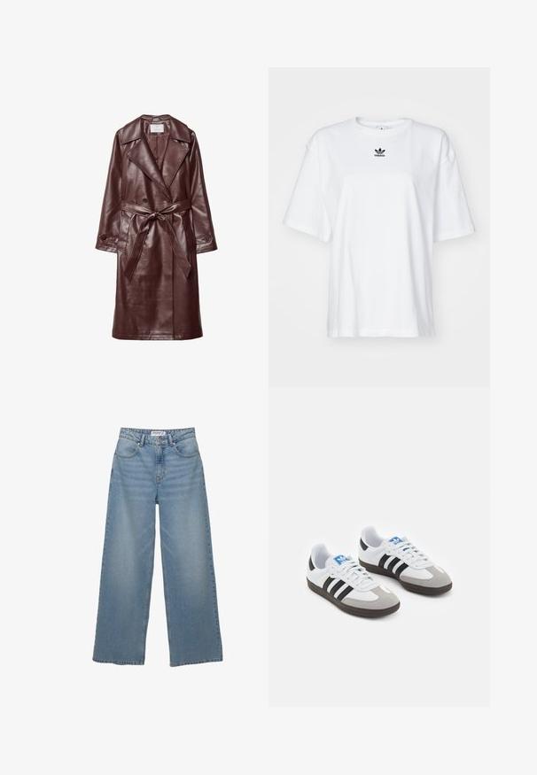 Burgunderfarbenes Kunstleder-Trenchcoat mit breiten Revers, doppelreihigem Knopfverschluss, tailliertem Gürtel und Klappentaschen auf einem weißen Hintergrund.; Weißes T-Shirt mit kurzen Ärmeln aus Baumwolle. Verfügt über einen Rundhalsausschnitt und ein kleines schwarzes Adidas-Logo auf der Brust. Gerader Saum.; Helle blaue weit geschnittene Jeans aus Denim. Merkmale sind eine hohe Taille, fünf Taschen und ein gerader Schnitt mit minimaler Ausbleichung.; Sportschuhe mit einem Obermaterial aus weißem Leder, grauer Wildleder-Zehenkappe und drei schwarzen Streifen. Sie verfügen über ein blaues Logo auf der Zunge und eine strukturierte Gummisohle.