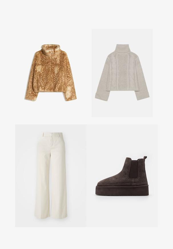 Brązowa kurtka z sztucznego futra z wysokim kołnierzem, ozdobiona wzorem w jasniejszych odcieniach. Krótki krój i lekko teksturowany materiał.; Skórzana szara sweter z wysokim kołnierzem i ściągaczami, z teksturowanymi wzorami w warkocze z tyłu i po bokach.; Spodnie o szerokich nogawkach w jasnobeżowym kolorze, wykonane z gładkiego materiału. Posiadają klasyczny pas i płaski przód z czystymi liniami.; Brązowe zamszowe botki typu Chelsea z elastycznymi bocznymi panelami i grubą, fakturowaną podeszwą platformową. Posiadają pętlę z tyłu dla łatwego zakładania.