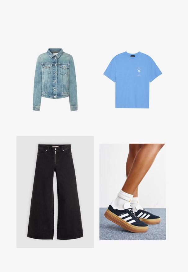 Heled sinine denimpusa, millel on krae, nööpidega esiosa ja kaks rinna taskut. Omab kontrastseid õmblusi ja lühikest lõiget.; Heledad sinine puuvillane T-särk ümmarguse kaelusega. Vasakul rinnal on valge palmipuu ja tekst. Lühikesed varrukad.; Laiad teksad mustast denimist, millel on lukuga eesmine osa, viie taskuga disain ja peened õmblusdetailid. Sile tekstuur ja juhuslik stiil.; Mustad seemisnahast tossud valgete triipude ja detailidega, ümarate varbassosadega, kummist välistallaga, paaritatud valgete soonikuliste meessokkidega.