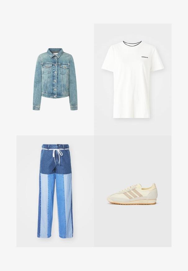 Lyseblå denimjakke med krage, knappes front og to brystlommer. Har kontraststing og en kortere passform.; Hvit bomull t-skjorte med korte ermer og rund hals. Har en svart Adidas-logo på brystet og en kontrasterende svart indre krage.; Blå denimbukser med et lapperedesign i forskjellige nyanser av blått, snor i livet og løse, rette ben.; Kremfargede joggesko med tre beige striper, laget av semsket skinn og tekstilmaterialer, med en teksturert såle og preget merkevare på hælen.