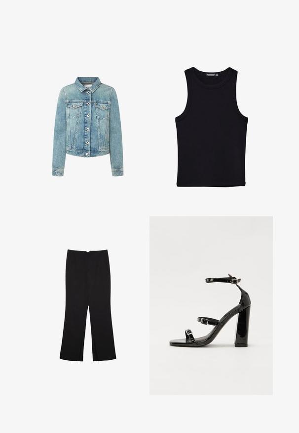 Svetlo modra denim jakna s ovratnikom, z gumbi na sprednji strani in dvema žepoma na prsih. Ima kontrastno šivanje in kratek kroj.; Črna majica brez rokavov iz bombaža, z okroglim izrezom in širokimi odprtinami za roke. Gladka tekstura s šivi na robovih. Klasičen, minimalističen dizajn.; Črne hlače ravnega kroja z naglavnimi žepi in stranskimi razporki na robu. Narejene iz mehke, gladke tkanine. Primerne za različne priložnosti.; Črne lakaste sandale z visokimi petami, z dvema trakovoma z zaponkama, kvadratnim sprednjim delom in masivno širšo peto, z gladko, sijočo teksturo.