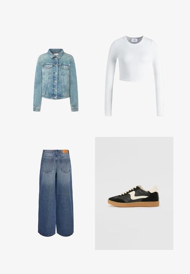 Heled sinine denimpusa, millel on krae, nööpidega esiosa ja kaks rinna taskut. Omab kontrastseid õmblusi ja lühikest lõiget.; Valge pika varrukaga lühikene ülemine osa, mis on valmistatud ribakanga materjalist. Omab ümarat kaelust ja lähedalt keha järgivat disaini. Silt nähtav kaela sisepinnal.; Keskmise sinise pesu ja kulunud tekstuuriga laiad denimpüksid, millel on kaks tagumist taskut ja pruun nahast brändilogo vöökoha peal.; Must musta ja nahast sneakersid, millel on koorevärvi külgsuund ja hele koorik. Omab beeži paelu ja kummi kummist välistalla.