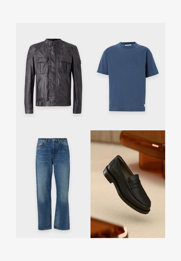 Tamsiai pilkas odinis švarkas su sagties apykakle, dviem krūtininėmis uždengtomis kišenėmis su mygtukais, dviem užtraukiamomis kišenėmis, ilgomis rankovėmis ir sagties detalėmis apvade.; Tamsiai mėlynas medvilninis marškinėliai, trumpomis rankovėmis, apvaliu kaklu, reguliaraus krūtinės dydžio, vientiso dizaino, turi mažą logotipo etiketę apatiniame krašte.; Mėlyni džinsai su tiesia linija, turintys klasikinį penkių kišenių dizainą, nudėvėtą tekstūrą ir varinius nago akcentus.; Juodos odos laivų bato modelis su tekstūruotu paviršiumi, pasižymintis siūlėta siūle ir guminio pado. Padėtas ant šviesios spalvos paviršiaus.