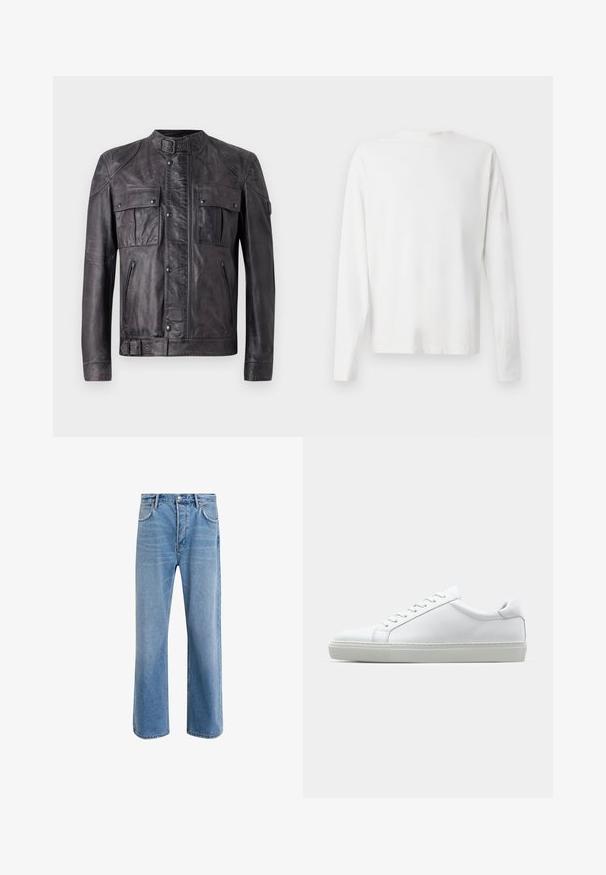 Tmavošedá kožená bunda so sponou na golieri, dvoma náprsnými vreckami so zapínaním na gombíky, dvoma zipsovými vreckami, dlhými rukávmi a detailom sponou na leme.; Biela bavlnená košeľa s dlhými rukávmi a okrúhlym výstrihom, s bočnými rozparkami na spodku a hladkou textúrou, zobrazená zozadu.; Svetlo modré denimové džínsy so strihom rovného nohu, päť vreciek, zapínanie na gombík, minimálne vyblednutie a kontrastné švy.; Biele tenisky s hladkým koženým zvrškom a nízkym profilom. Majú zaoblenú špičku, šesť očiek a štruktúrovanú gumovú podrážku.