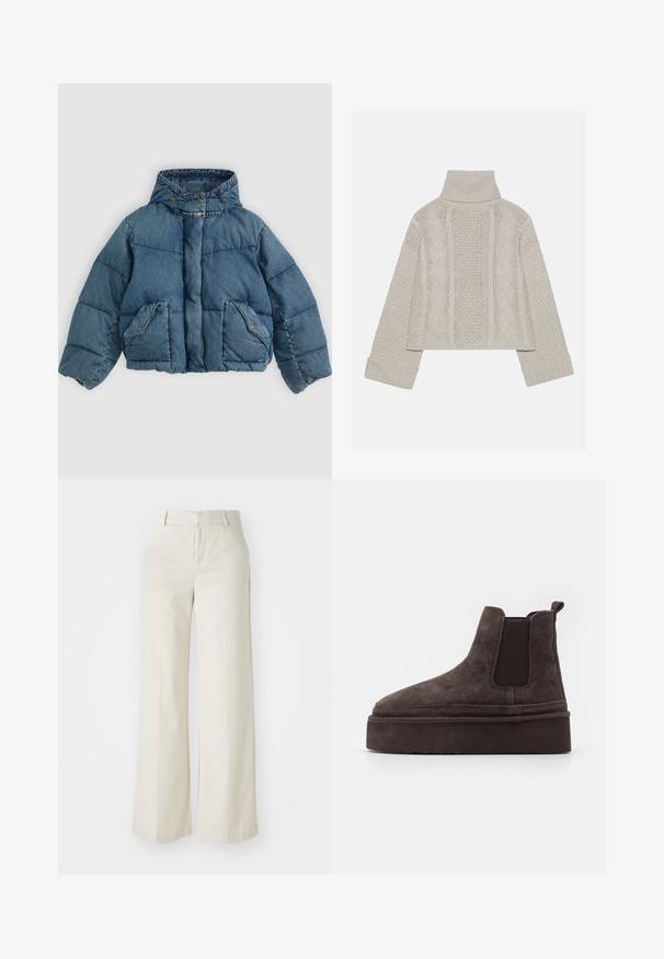 Zilā džinsa pūkainā jaka ar kapuci, ar pogu aizdari un divām priekšējām kabatām ar akcentu šuvēm un izšūtu tekstūru.; Izgriezts, gaiši pelēks adīts džemperis ar augstu apkakli un ribotiem piedurknēm, ar fakturētām virknēm gar muguru un sāniem.; Platas kājās bikses gaisā bežā krāsā, izgatavotas no gludas auduma. Iezīmē klasisku jostasvietu un plakanu priekšpusi ar tīrām līnijām.; Brūni zamša Chelsea zābaki ar elastīgiem sānu paneļiem un biezas, teksturētas platformas zoli. Iespējams, ir vilkšanas cilpa uz papēža, kas atvieglo uzvilkšanu.