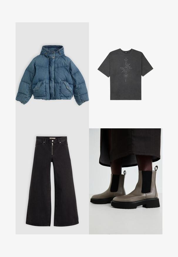 Zilā džinsa pūkainā jaka ar kapuci, ar pogu aizdari un divām priekšējām kabatām ar akcentu šuvēm un izšūtu tekstūru.; Tumši pelēks, pārspīlēts T-krekls, izgatavots no kokvilnas, ar centrālo saules grafiku ar sarežģītām līniju detaļām, kas izdrukātas priekšpusē.; Platas kājas džinsi melnā džinsa audumā ar rāvējslēdzēju priekšā, piecu kabatu dizains un smalkas šuvju detaļas. Gluda tekstūra un ikdienišķs stils.; Pelēki potītes zābaki, kas izgatavoti no teksturētas ādas, ar elastīgām sānu paneļām un masīvu melnu zoli. Ar vilkšanas cilpām vieglai uzvilkšanai.