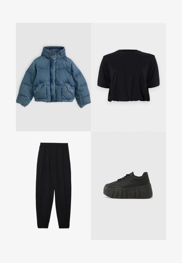 Denim puffer jacket in blue, featuring a hood, snap-button closure, and two front pockets with accent stitching and a quilted texture.; Black cropped cotton t-shirt with short sleeves and a round neckline, featuring a clean, seamless design and soft texture.; Black, lightweight pants with an elastic waistband and gathered ankles. The fabric is smooth and features a relaxed, tapered design.; Black platform sneakers with a smooth synthetic upper, rounded toe, lace-up design, and a thick, ridged sole for added height.