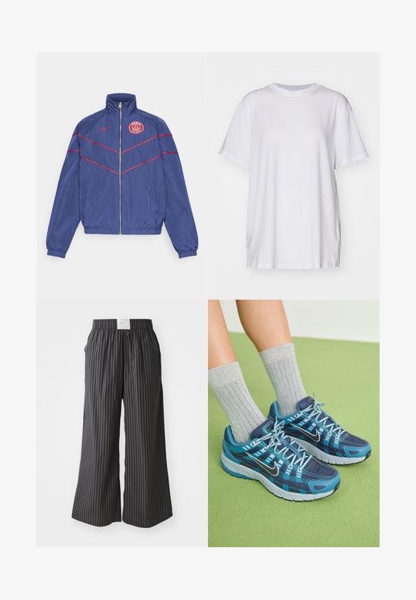 Námořnická větruodolná bunda s červenými akcenty, vysokým límcem, zapínáním na zip a logem PSG na levé části hrudi. Elastické manžety a pas pro těsné padnutí.; Biele oversized tričko vyrobené z bavlny, s okrúhlym výstrihom, krátkymi rukávmi a bočnými rozparkami pre voľný strih. Hladká textúra.; Čierno-sivé pruhované nohavice s širokými nohavicami, elastickým pásom a visačkou s logom Nike na zadnej strane. Ľahká tkanina, voľný strih.; Modré a tyrkysové športové topánky s priedušným vrchom, zosilnenou špičkou, šnurovacím dizajnom a bielou podrážkou. V kombinácii so sivými rebrovanými ponožkami na zelenej ploche.