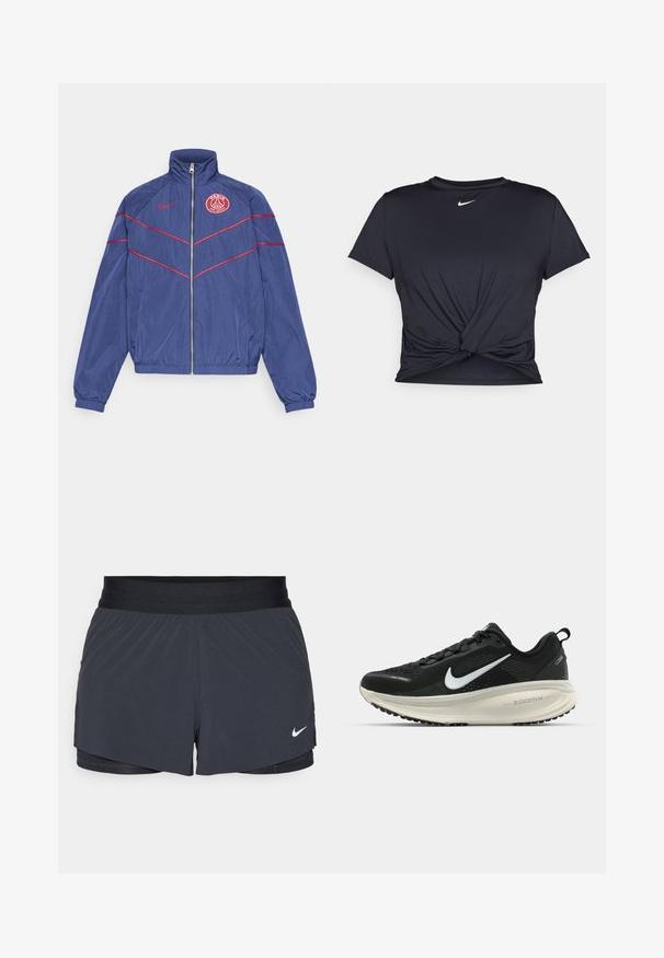 Chaqueta rompevientos de color navy con acentos rojos, collar alto, cierre frontal con cremallera y logo de PSG en el lado izquierdo del pecho. Puños y cintura elásticos para un ajuste ceñido.; Camiseta atlética negra hecha de tela suave, con un diseño de nudo en la parte delantera y un pequeño logo blanco de Nike en el pecho.; Shorts deportivos negros con cintura elástica, que presentan un diseño en capas y un pequeño logo blanco de Nike en la parte inferior izquierda. Material ligero.; Zapatilla de running Nike negra con parte superior de malla transpirable, logo Swoosh blanco, detalles texturizados y una entresuela ZoomX de color crema.
