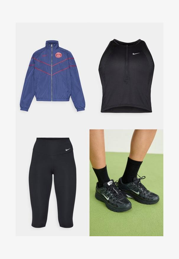 Jachetă de vânt navy cu accente roșii, guler înalt, fermoar frontal și logo PSG pe pieptul stâng. Manșete și talie elastice pentru o potrivire strânsă.; Top sportiv black, cu croială scurtă, cu fermoar în față, accente din plasă și un design ajustat. Fabricat dintr-un material elastic și respirabil. Logo-ul Nike pe față.; Colanții negri Nike sunt prevăzuți cu un talie înaltă, un material elastic și neted și un detaliu subtil cu logo-ul pe față.; Adidași negri Nike cu plasă și suprapunerile sintetice, cu accente reflective, talpă cu amortizare și șosete negre cu rigle.