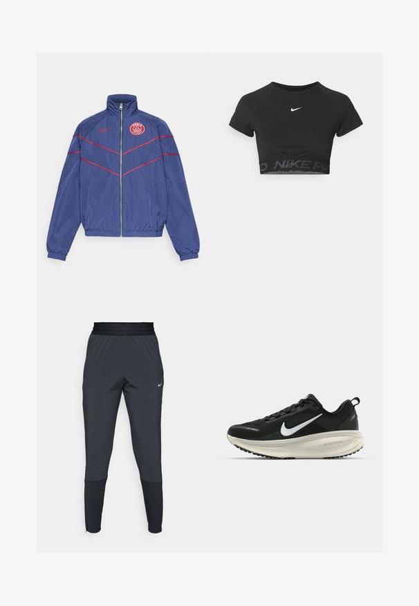 Marineblå vindjakke med røde detaljer, høj krave, lynlås foran og PSG-logo på venstre bryst. Elastiske manchetter og talje for en tætsiddende pasform.; Sort cropped sportstop med korte ærmer, prydet med et hvidt Nike-logo og et struktureret bånd med "NIKE" i et mønster ved kanten.; Nike træningsbukser i mørkegrå, med en tætsiddende ben-design, elastisk talje og detaljer ved manchetterne.; Sort Nike løbesko med åndbart mesh-overdel, hvidt swoosh-logo, tekstureret detaljering og en cremede ZoomX mellemsål.