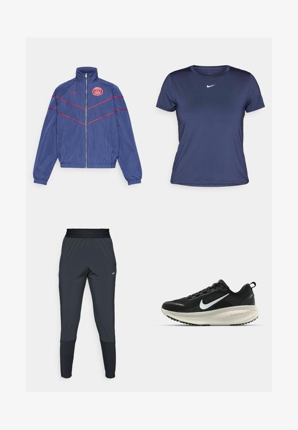 Tumesinine tuulekindel jakk punaste aktsentidega, kõrge kaelusega, esiosal lukuga ja PSG logo vasakul rinnal. Elastsed mansetid ja vöökoht, mis tagavad tiheda istuvuse.; Tumed sinise värviga lühikeste varrukatega sportlik T-särk, mis on valmistatud siledast ja kergest kangast ning millel on rinnal väike valge Nike'i logo.; Nike spordipüksid tumeshallis, kitsa jala disainiga, elastse vöökoha ja aktsentdetailidega pahkluude lähedal.; Musthave mustus Nike jooksujalats, millel on hingav võrgust ülemine osa, valge swoosh logo, tekstuuriga detailid ja kreemja värvusega ZoomX vahevöö.