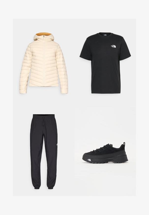 Pufasta jakna svijetlosmeđe boje s chevron kvadratnim uzorkom, kapuljačom i zatvaranjem na patentni zatvarač. Unutrašnjost ima kontrastnu toplo narančastu podstavu.; Crna pamučna majica s kratkim rukavima, okruglim izrezom i malim bijelim logotipom na lijevoj strani prsa. Jednostavan dizajn, glatka tekstura i opušteni kroj.; Crne sportske hlače od lagane tkanine, s pojasom na vezanje, bočnim džepovima i suženim manžetama na gležnjevima.; Crne vanjske tenisice s gornjim dijelom od antilopa, teksturiranim gumenim potplatom i čvrstim sustavom vezanja. Imaju ojačan petni deo i logo brenda sa strane.