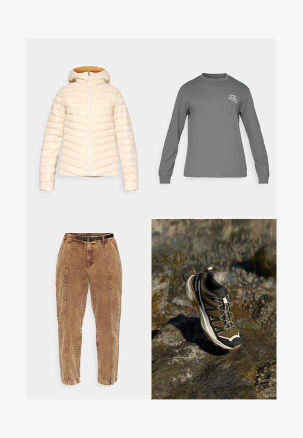 Puffer jacket in light cream with a chevron quilted pattern, hood, and zip closure. Interior features a contrasting warm orange lining.; Long-sleeve shirt in gray fabric, featuring a crew neck and a white graphic logo on the left chest. Smooth texture and simple design.; Brown corduroy pants with a textured surface, featuring a black adjustable belt, side pockets, and a relaxed fit. Pants taper toward the ankles.; Hiking shoe in olive green and black with pink accents. Features a textured upper, flexible sole, reinforced toe cap, and colorful lacing system.