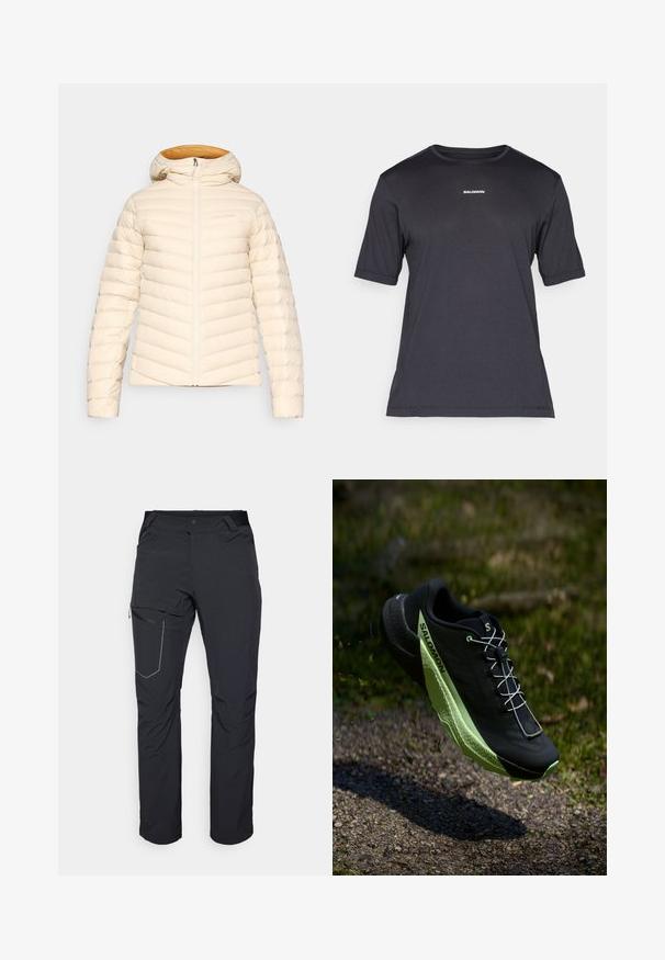 Dünne Jacke in hellem Creme mit einem Rautenmuster, Kapuze und Reißverschluss. Das Innenfutter hat ein kontrastierendes warmes orangefarbenes Design.; Schwarzes Kurzarm-Performance-T-Shirt aus atmungsaktivem Material, mit einem runden Halsausschnitt und kleinem weißen "SALOMON"-Logo auf der Brust.; Schwarze Outdoor-Hosen mit einem Reißverschlusstaschen an den Oberschenkeln, elastischem Bund und glattem, wasserabweisendem Stoff. Sauberes Design ohne sichtbare Logos.; Schwarzer Laufschuh mit strukturierten Oberflächen und grünen Akzenten. Verfügt über ein leichtes Design und eine einzigartige, gemusterte Sohle für Traktion.