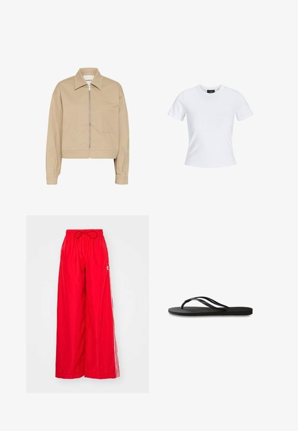 Beige cropped jacket with a front zipper, pointy collar, and a single patch pocket on the left side. Made of smooth fabric.; White short-sleeve t-shirt with a round neckline, made of cotton material, featuring a fitted silhouette and a black brand label inside the collar.; Red wide-leg pants made of lightweight fabric, featuring white side stripes and an elastic waistband with a drawstring.; Black flip-flop featuring a textured rubber sole, two slender straps, and a subtle, embossed logo detail on the strap.