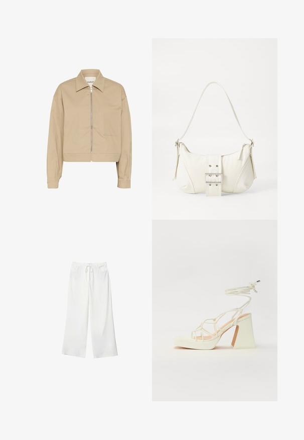 Beige cropped jakke med lynlås foran, spids krave og en enkelt påsyet lomme på venstre side. Lavet af glat stof.; Brun højhalset heldragt badedragt med tynde, justerbare stropper; har højt skåret ben og glat tekstur. Ingen mønstre eller udsmykninger.; Hvide bukser med vidde lavet af blødt stof, med bindebånd i taljen og to forlommer. Glat tekstur og uden synlige mønstre.; Hvide højhælede sandaler med en kraftig hæl, der har et stropdesign og ankelbinding. Glat tekstur med en platform foran for ekstra højde.; Hvid skuldertaske med en tekstureret overflade, et centralt spænde og en buet form. Lynlåslukninger på begge sider.