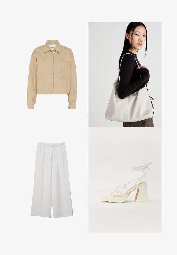 Beżowa krótka kurtka z zamek błyskawicznym z przodu, spiczastym kołnierzem i jedną kieszenią naszywaną po lewej stronie. Wykonana z gładkiego materiału.; Biała koszulka z krótkim rękawem i okrągłym dekoltem, wykonana z miękkiej bawełny, charakteryzująca się prostym, czystym wzorem bez widocznych zdobień ani akcentów.; Białe szerokie spodnie wykonane z lekkiego materiału, z elastyczną talią i sznurkiem do regulacji fasonu. Gładka tekstura.; Biała sandał na wysokim obcasie z masywnym słupkiem, z paskowym wzorem i wiązaniem przy kostce. Gładka faktura z platformą z przodu dla dodatkowej wysokości.; Beżowa torebka wykonana z miękkiego materiału, charakteryzująca się luźnym fasonem, wyszywanymi detalami i dwoma uchwytami na ramię. Idealna na co dzień.