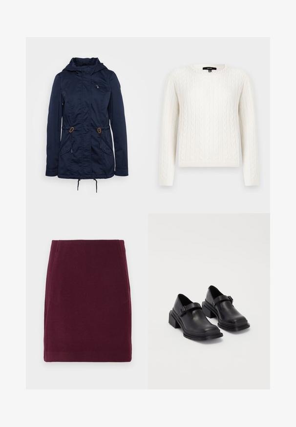 Navy blue outdoor jacket with a zippered chest pocket, drawstrings at the waist, and two front pockets. Made from lightweight fabric.; White cable-knit sweater featuring long sleeves, a round neckline, and a decorative pearl accent at the collar. Soft texture and fitted design.; Vero Moda VMFORTUNALLISON SHORT - A-line skirt - winetasting; Black leather shoes with a rounded toe, flat sole, and a strap with a buckle detail. Chunky block heel for added stability.