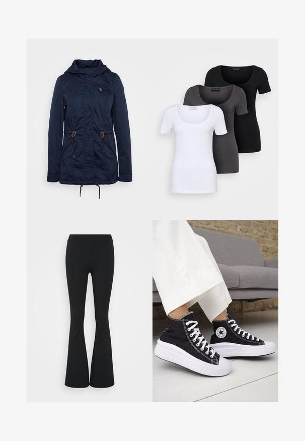 Námornícky modrá vonkajšia bunda so zipsom na hrudníku, sťahovacími šnúrkami v páse a dvoma prednými vreckami. Vyrobené z ľahkého materiálu.; Tričko v bielej, šedej a čiernej farbe s priliehavým strihom. Každé má široký výstrih a krátke rukávy. Vyrobené z hladkej, elastickej tkaniny.; Čierne rozšírené nohavice vyrobené z elastického materiálu, s vysokým pásom a hladkou textúrou. Nohavice sa rozširujú od kolena.; Čierne vysoké tenisky s bielymi gumovými podrážkami a šnúrkami. Obsahujú okrúhlu nášivku s logom a kontrastné biele prešívanie. Materiál je plátený.