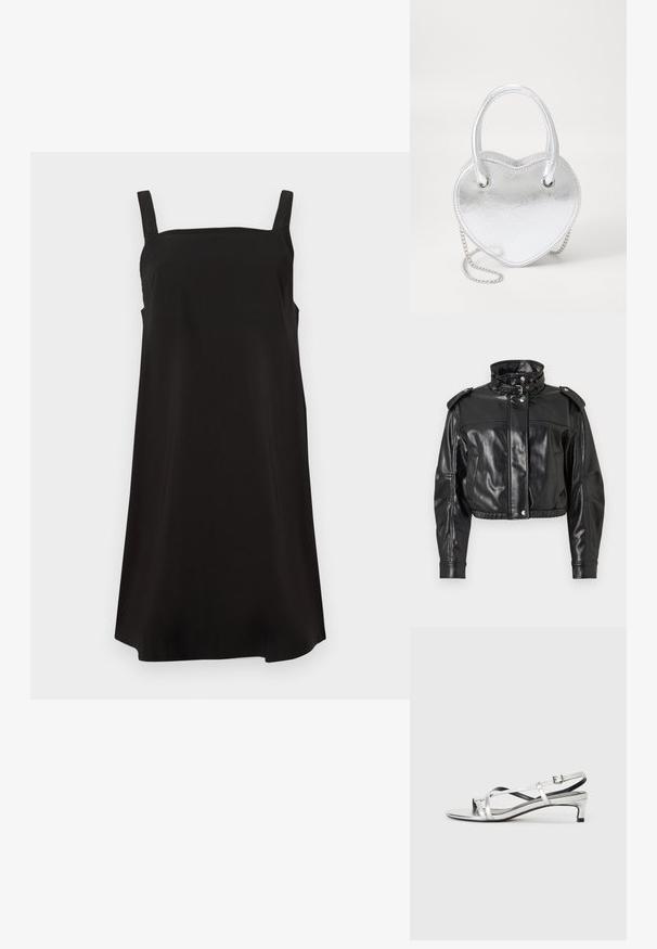 Musta tekonahkainen lyhyt takki, jossa on korkea kaulus, nepparit ja olkakiilat. Takissa on sileä, kiiltävä pinta ja joustava vyötärö.; Musta hihaton mekko, jossa on neliönmuotoinen pääntie, valmistettu sileästä kankaasta, jossa on rento istuvuus ja suora leikkaus. Ei näkyviä kuvioita tai metalliosia.; Hopeasaumaiset nilkkapanta-sandaalit matalalla korolla, joissa on ristikkäiset hihnat ja sileä pinta. Minimalistinen muotoilu.; Hopeakimmeltä sydämenmuotoinen käsilaukku, jossa on kaksinkertaiset kahvat, ketjuhihna ja sileä pinta. Varustettu metalliosilla ja ommelluilla reunoilla.