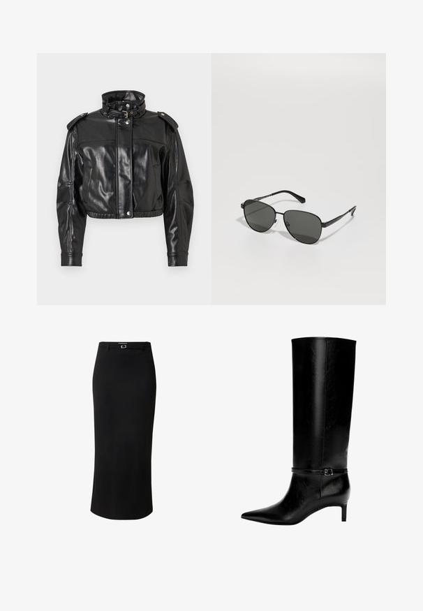Zwarte nepleren cropped jack met hoge kraag, drukknoopsluiting en schouderepauletten. Beschikt over een gladde, glanzende textuur en een elastische taille.; Zwarte oversized sweatshirt met een ronde hals en lange mouwen, weergegeven tegen een witte achtergrond. Eenvoudig en casual ontwerp.; Zwarte kokerrok van gladde stof, met een middellange ontwerp, riemlussen en een rechthoekige gespsluiting in zilverkleur.; Zwarte leren laarzen tot de knie met een spitse neus en een kleine hak. Voorzien van een smalle band met een metalen gesp rond de enkel. Effen textuur.; Zwarte metalen zonnebril met grijze lenzen, met een ovale vorm, dunne armen en verstelbare neusvleugels. Minimalistisch ontwerp.; Zwarte leren handtas met een unieke waaier vorm, voorzien van platte handvatten. Het oppervlak heeft een gewelfde textuur en een minimalistisch ontwerp.