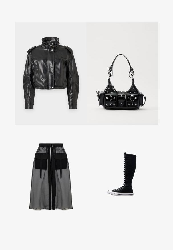 Melna mākslīgās ādas apgriezta jaka ar augstu apkakli, pogām ar spiedpogu un plecu epauletēm. Raksturīga gluda, spīdīga virsma un elastīga josta.; Melnā garām piedurknēm kroplika blūze ar augstu kakla izgriezumu, caurspīdīgu sieta paneli jostasvietā un strukturētām šuvēm pieguļošam dizainam.; Melnā caurspīdīgā svārka ar salikto jostasvietu, kas ietver divas lielas priekšējās kabatas, jostas saitīti un apaļu metāla akcentu.; Melni augstie sporta apavi ar augstu dizainu, izgatavoti no kanvas. Iezīmēti ar baltiem auklām, diegojumiem un gumijas zoli ar purngalu.; Melnas ādas rokturmais ar izliekumu, ar sudraba iedurtiem, sprādzi un divām sānu kabatām. Regulējams siksniņas garums dažādām nēsāšanas iespējām.