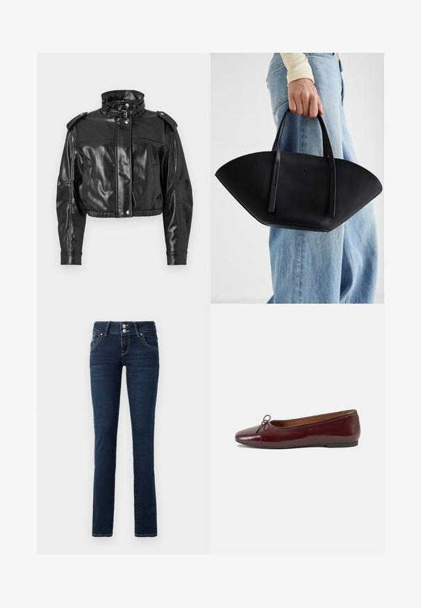 Zwarte nepleren cropped jack met hoge kraag, drukknoopsluiting en schouderepauletten. Beschikt over een gladde, glanzende textuur en een elastische taille.; Zwart cropped t-shirt met korte mouwen met rode, druipende tekst "SPOOKY GIRL" over de borst.; Donkerblauwe skinny jeans met dubbele knoopsluiting, voorzakken en gele stiksel op een witte achtergrond.; Bordeaux gepatenteerd lederen ballerina met een ronde neus, een klein strikaccent aan de voorkant en een lage, zwarte rubberen zool. Glad textuur.; Zwarte leren handtas met een unieke waaier vorm, voorzien van platte handvatten. Het oppervlak heeft een gewelfde textuur en een minimalistisch ontwerp.