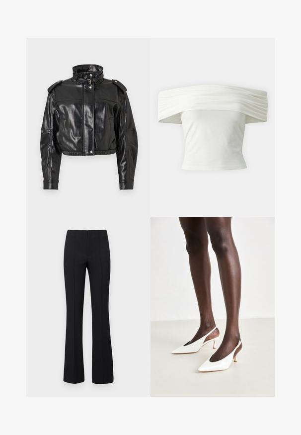 Jachetă scurtă din piele ecologică neagră, cu guler înalt, nasturi tip popper și epoleti pe umeri. Are o textură netedă, lucioasă și talie elastică.; Bluză albă cu umerii la vedere, cu guler plisat și structurat, și bust ajustat. Realizată dintr-un material moale, cu o textură netedă.; Pantaloni negri evazați cu o textură nervurată și talie ajustată. Designul include cusături verticale pentru un aspect elegant. Fără hardware vizibil.; Sandale cu toc slingback din piele patent albă, cu vârf ascuțit, toc subțire și laturi deschise; textură netedă și design minimalist.