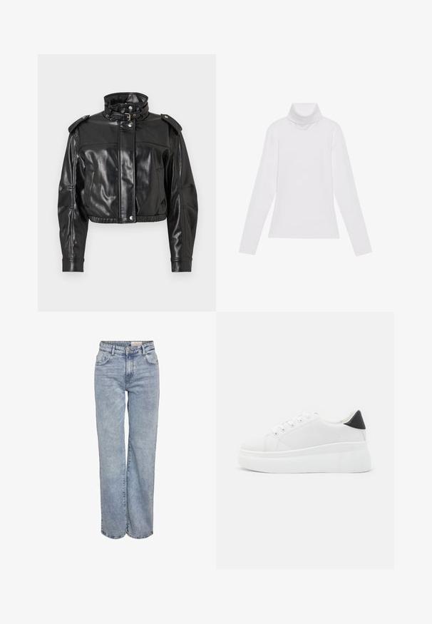Veste courte en simili cuir noire avec col haut, boutons-pression et épaulettes. Présente une texture lisse et brillante, ainsi qu'une taille élastiquée.; Haut à col roulé à manches longues blanc, fabriqué en tissu lisse et extensible. Il présente un col haut et une coupe ajustée, sans motifs ni embellissements visibles.; Jeans larges bleu clair en denim, dotés d'une taille haute, d'un design à cinq poches et d'un léger dégradé pour un aspect usé.; Baskets plates blanches en matériau synthétique lisse, avec un bout arrondi, un design à lacets et une semelle en caoutchouc texturé. Accent de talon noir.